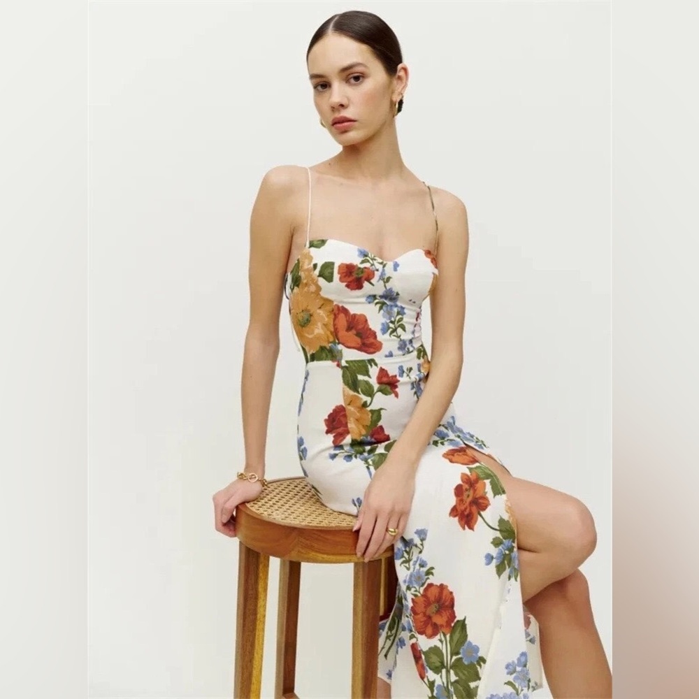 Reformation White Strapless Floral Slip Dress with Red and Orange Blooms